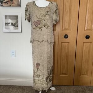 VTG Laurence Kazar Ivory Beaded Size 10 Full Length Mother of Bride Dress Silk